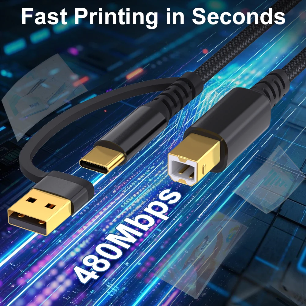 10ft USB A&C to USB B Printer Cable,Plug & Play,2-in-1 Cord for Brother HP Lexmark Epson Dell Xerox Printer Scanner