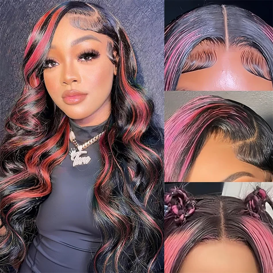 

Highlight Lace Front Wig Human Hair 1B/Pink Colored Lace Front Wigs Human Hair 13x4 Body Wave Stripe Human Hair Wig 180% Density