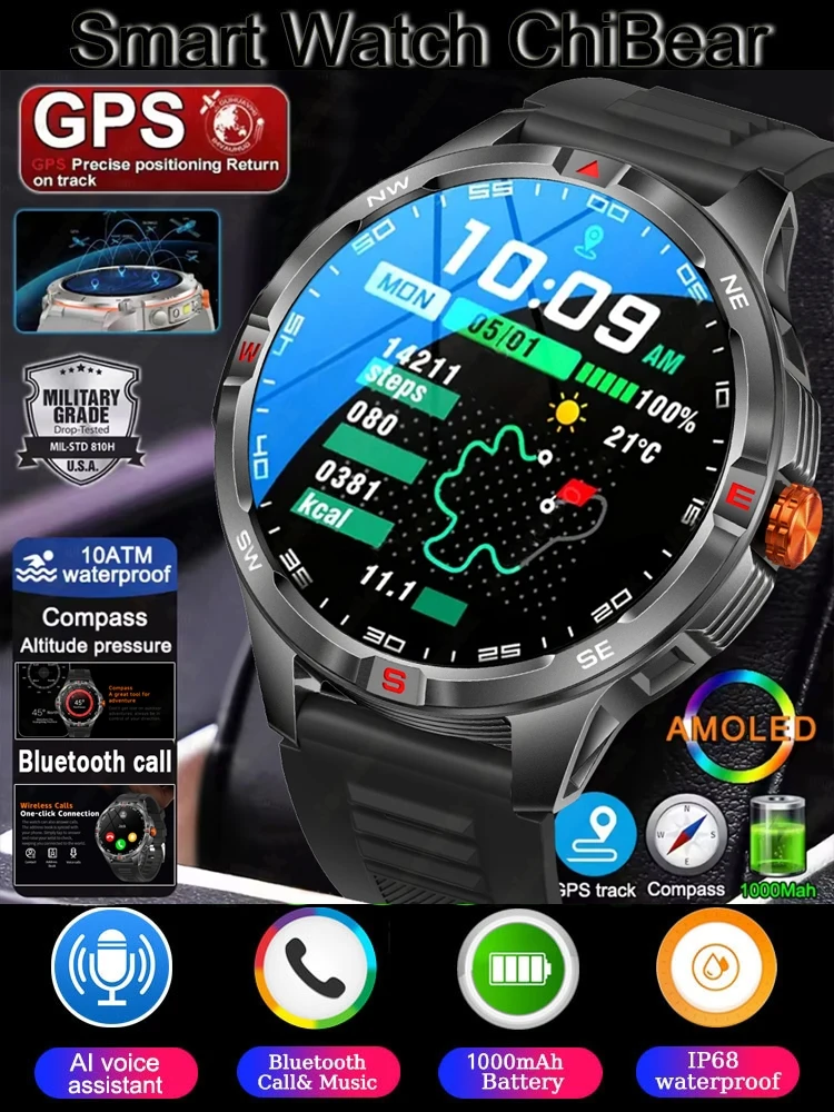 GPS Outdoor Militaire Heren Smart Horloge 5ATM Waterdichte Sport 1000 Batterij Kompas Gezondheid Monitoring Bluetooth Oproep Smartwatches - afbeelding 2