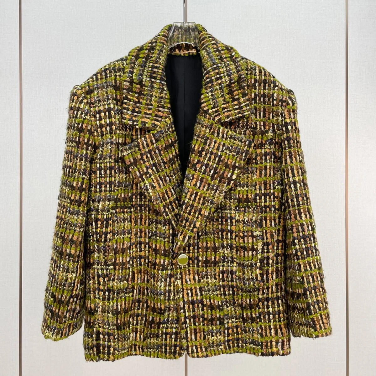 High Quality Women Colorful Tweed Notched Lapel Blazer, Single Button Plaid Long Sleeve Loose Jacket lyt134416