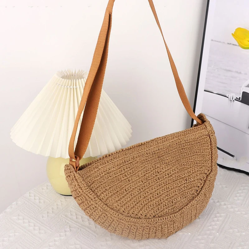 Casual Halfmoon Stro Crossbody Tassen Handgemaakte Geweven Hobos Vrouwen Schoudertassen Zomer Strand Kleine Draagtas 2024 Vakantie