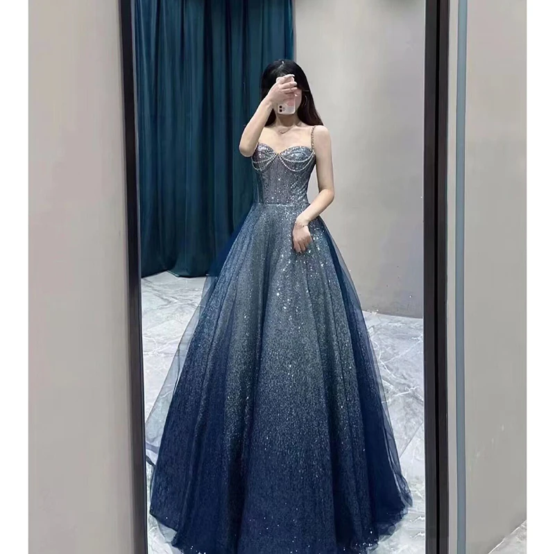 

Blue Ball Gown Luxury mat High-End Sensation Host Strap Women's Adult Ceremony Starry Skirt Evening Gown