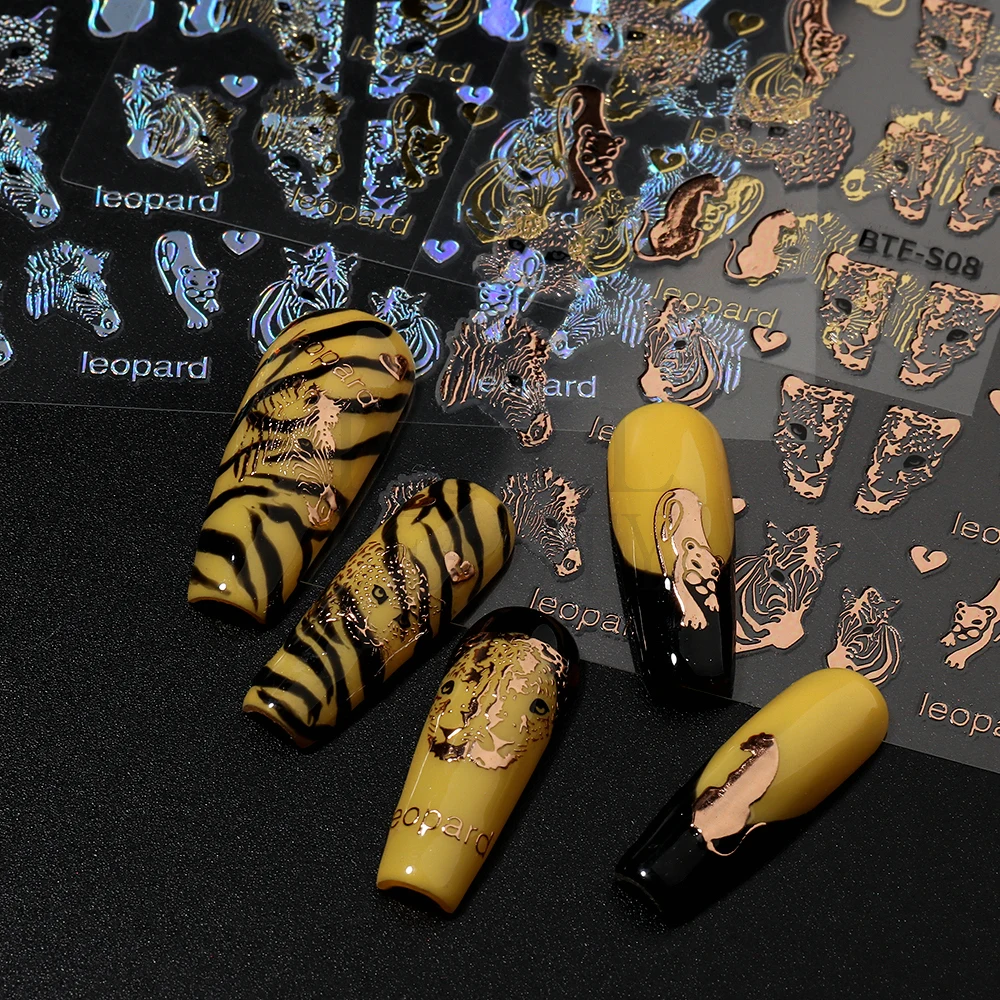 3D Tiger Nail Sticker Gold Laser Leopard Zebra Animal Prints Adhesive Decals Sliders For Charm Manicure Art Decoration LEBTF-S08