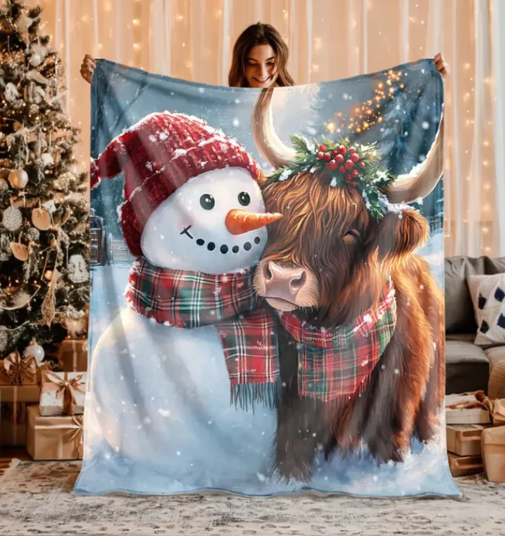 Snowman and Highland Cow or Sherpa Blanket Cozy Winter Christmas Scene Cute Rustic Holiday Farm Animal Throw Gift Blanket