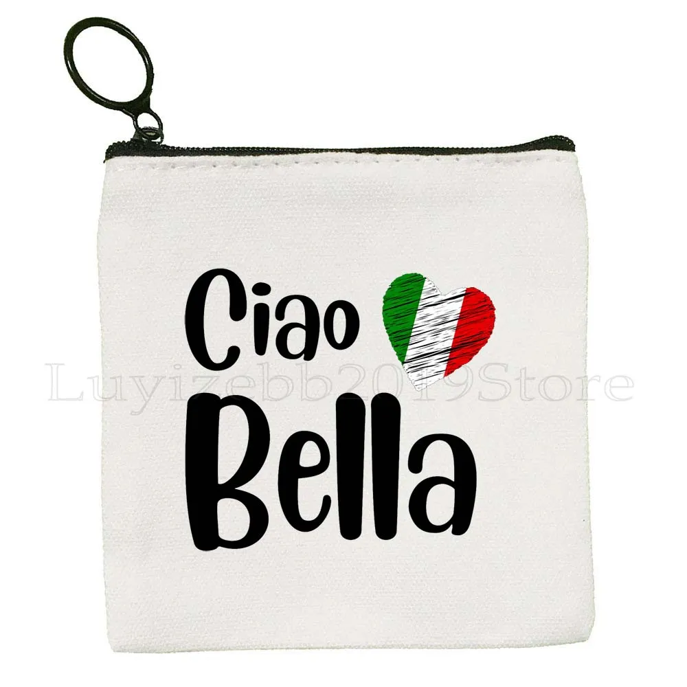 Duomo Florence Forza Italia Colosseum Rome Pisa Ciao Italian Map Heart Flag Italy Canvas Coin Purse Key Case Bag Zipper Pouch