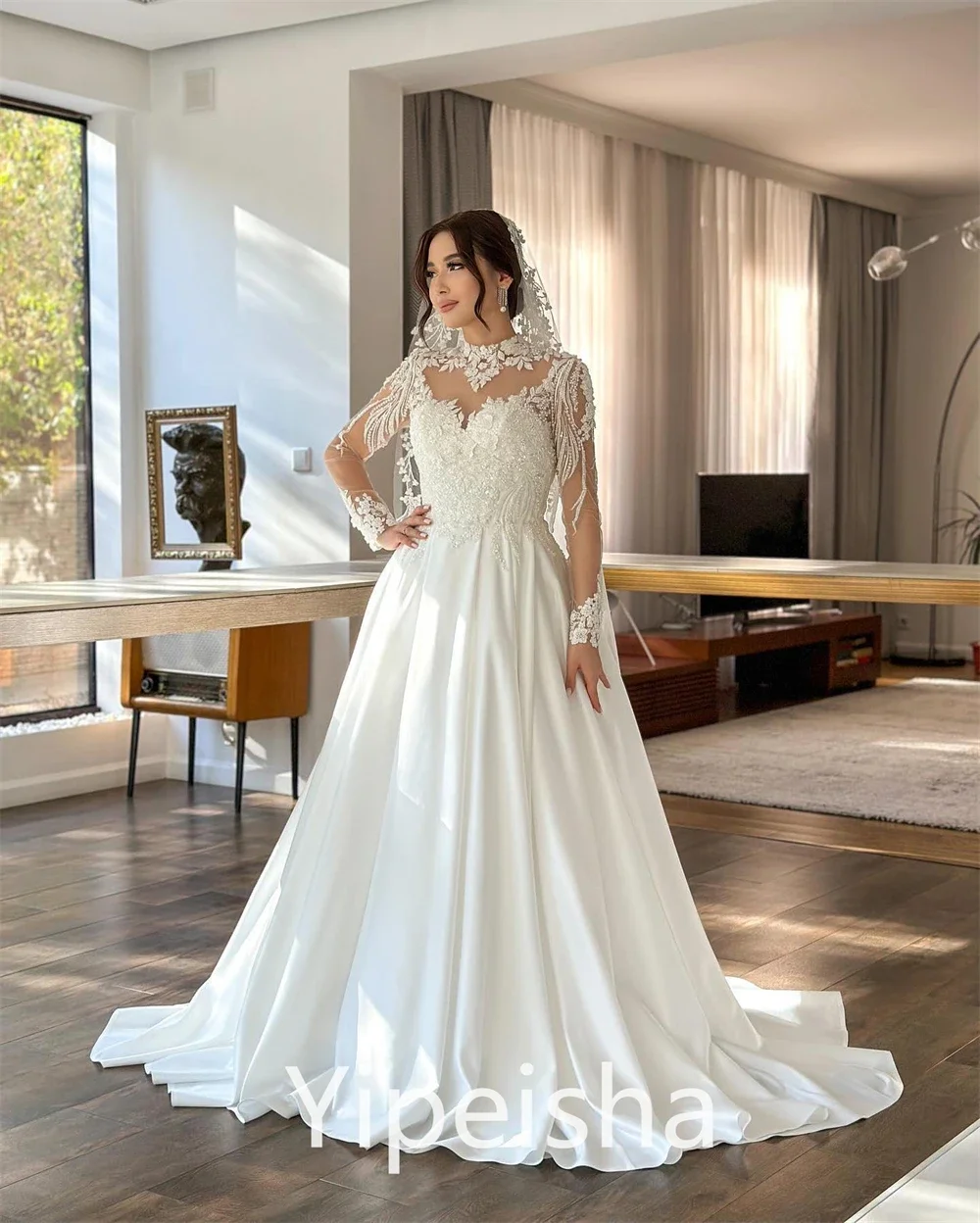 Yipeisha-Robe de RhA-ligne en dentelle avec longueur au sol en organza, robe de mariée exquise, chérie, fête de mariage, haute qualité