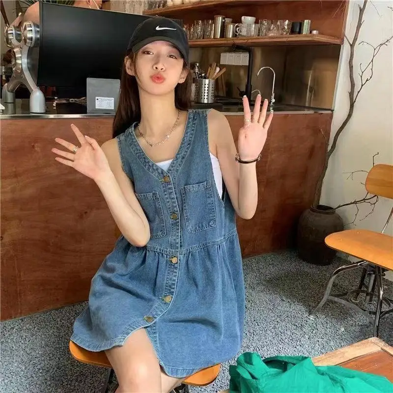 Biyaby Strap Dress Woman 2025 Spring Autumn Korean Sleeveless A Line Mini Dress Women Single-Breasted Pockets Denim Dresses