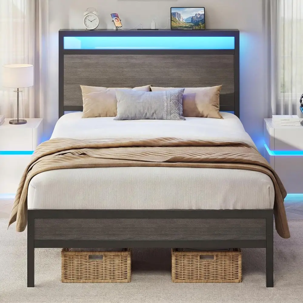 Twin Size Bed with Built-in Charging Station, LED Light, Storage, No Box Spring, Easy Assembly, Rustic Gray