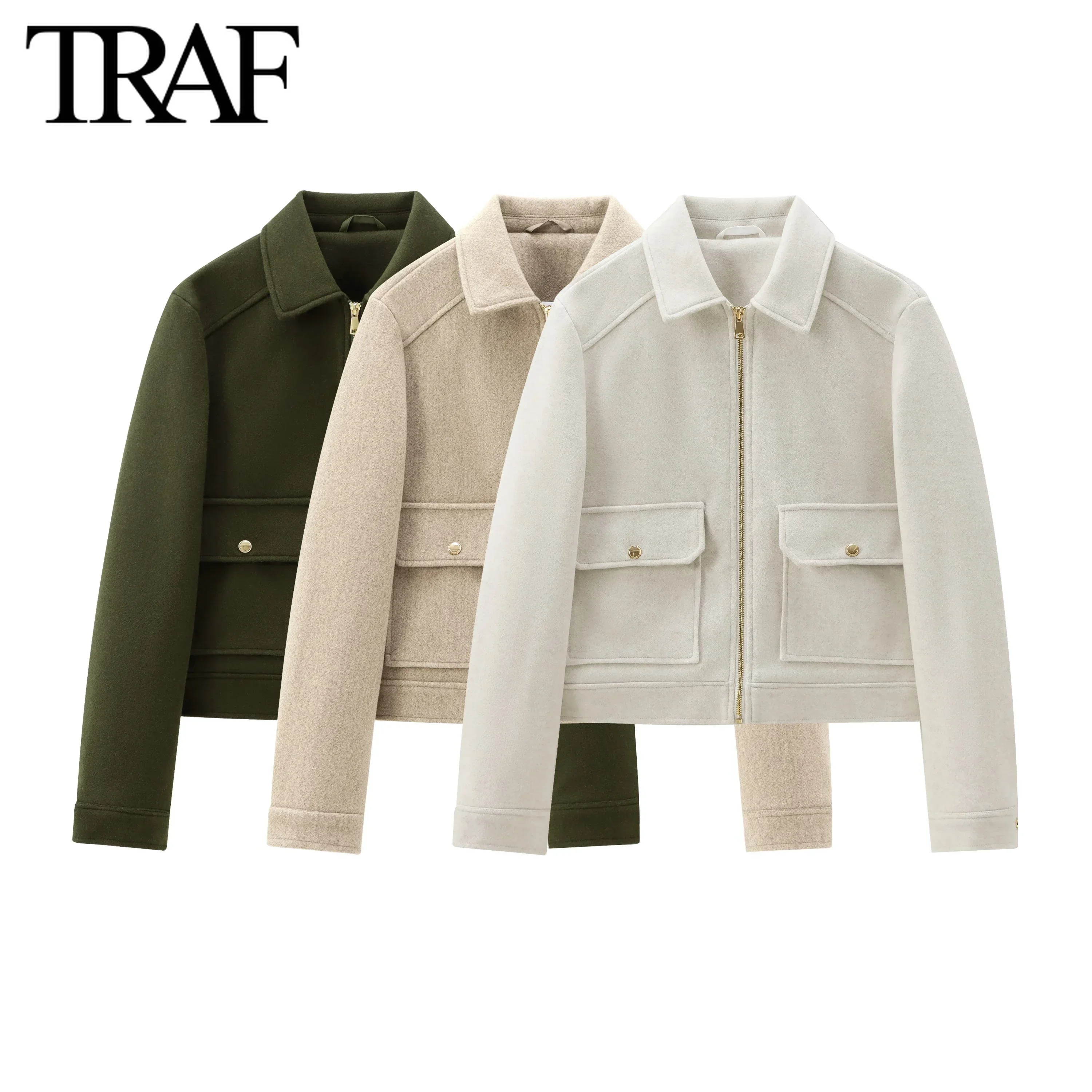 

TRAF wool blend warm jackets Women Fashion 2024 Autumn Winter New Long Sleeved Zip Lapel Flip Pocket Khaki Short Coats