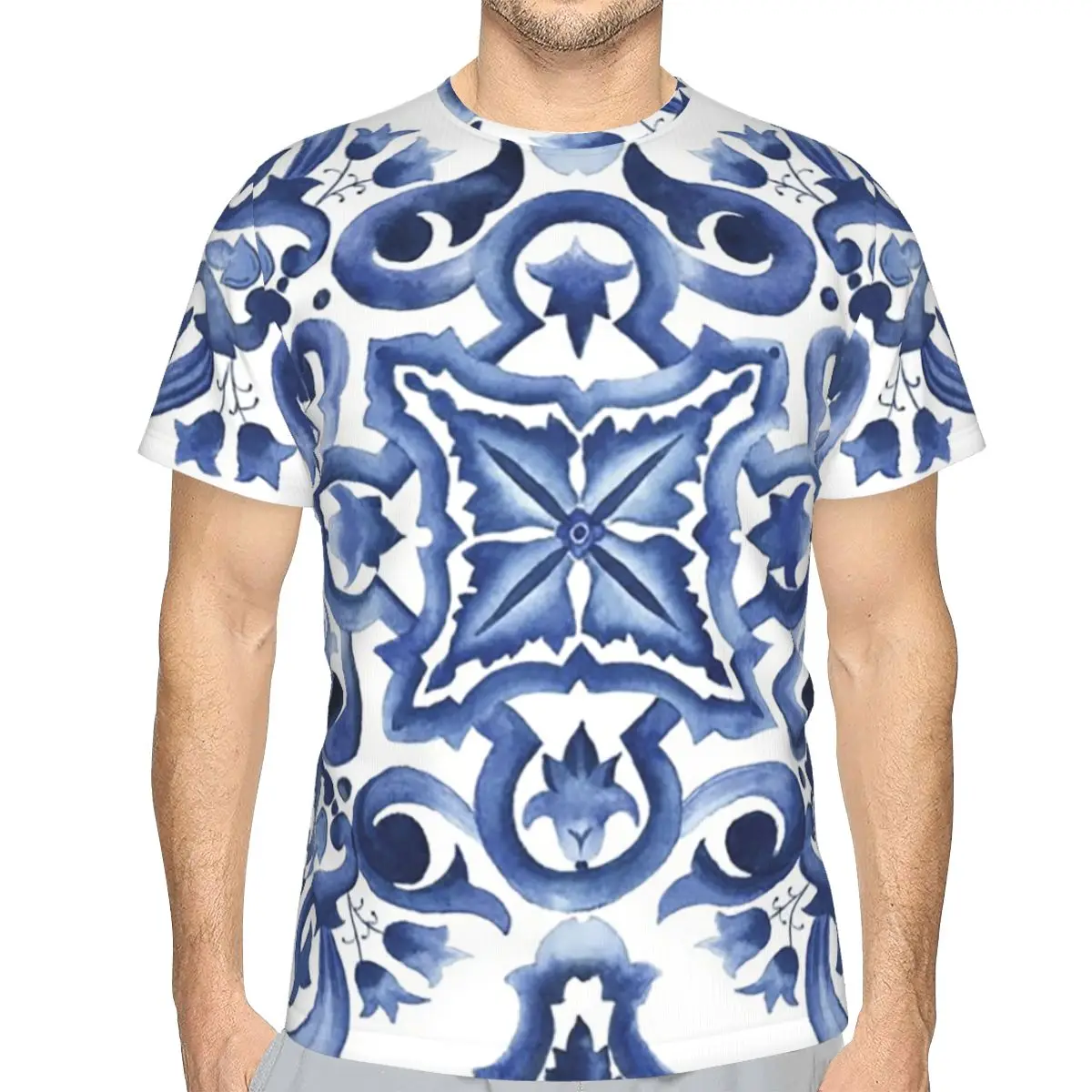 Blue Ornate Floral Mediterranean Sicilian Tile 100% Cotton T-Shirt Men'sClassic T Shirts Men O-Neck Short Sleeve