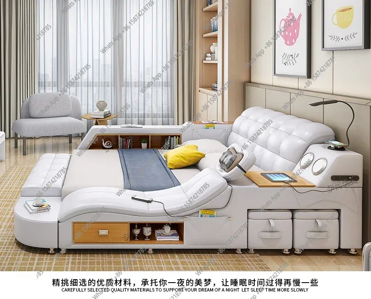 Genuine Leather Multifunctional Massage Bed Frame Nordic Tatami Camas Ultimate Bed Tech Smart Beds with Bluetooth Audio LED Lamp