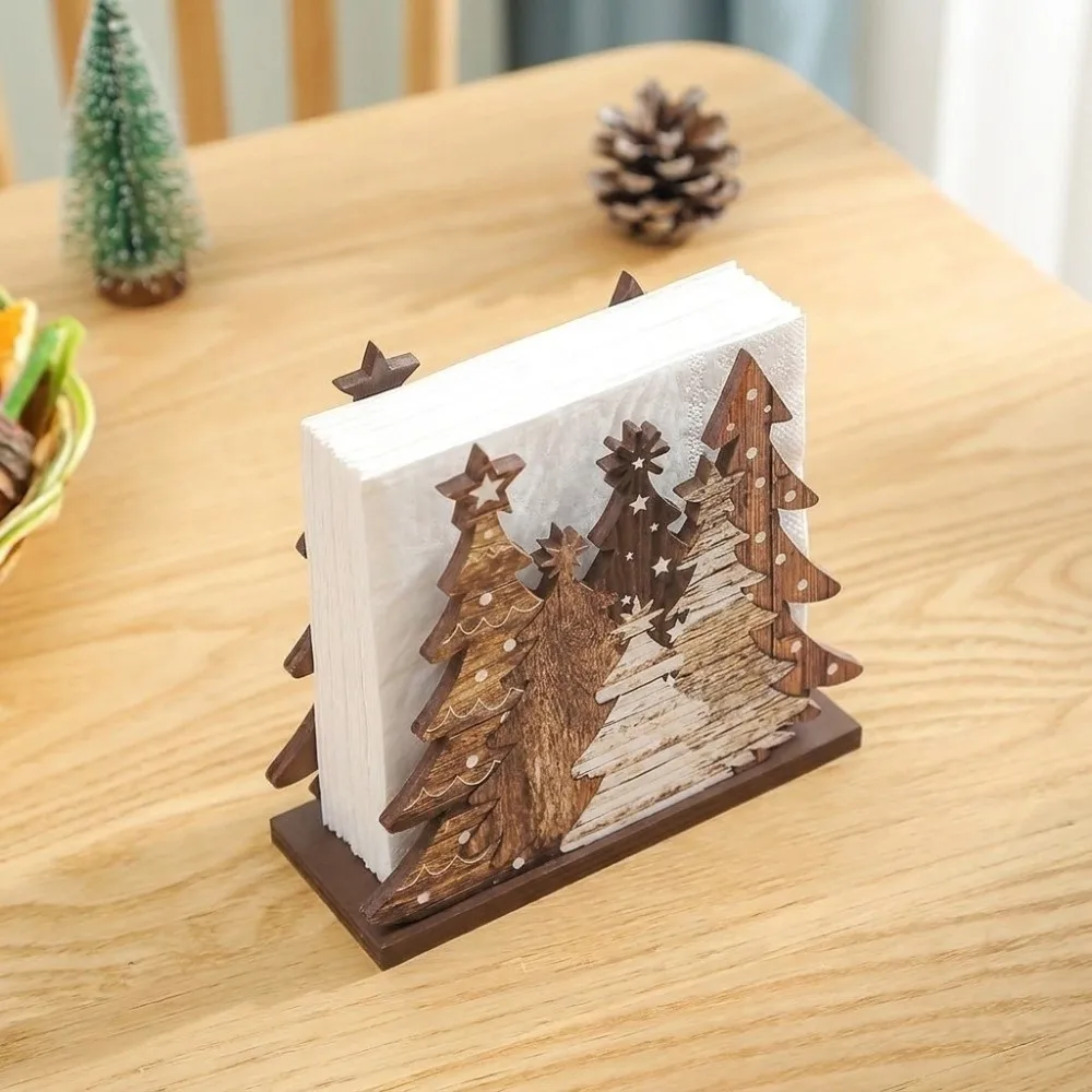 Wooden Christmas Napkin Holder 2D Flat Christmas Nativity Scene Pattern Tissue Organizer Angels Design Christmas Tree