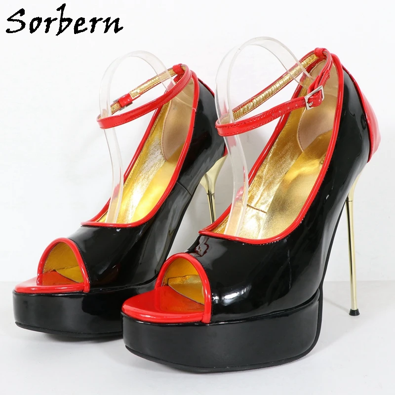 Sorbern 16cm ouro aço sapatos bombas femininas sexy peep toe tamanho 33-52 saltos altos tornozelo tiras preto e vermelho tamanho grande sapatos