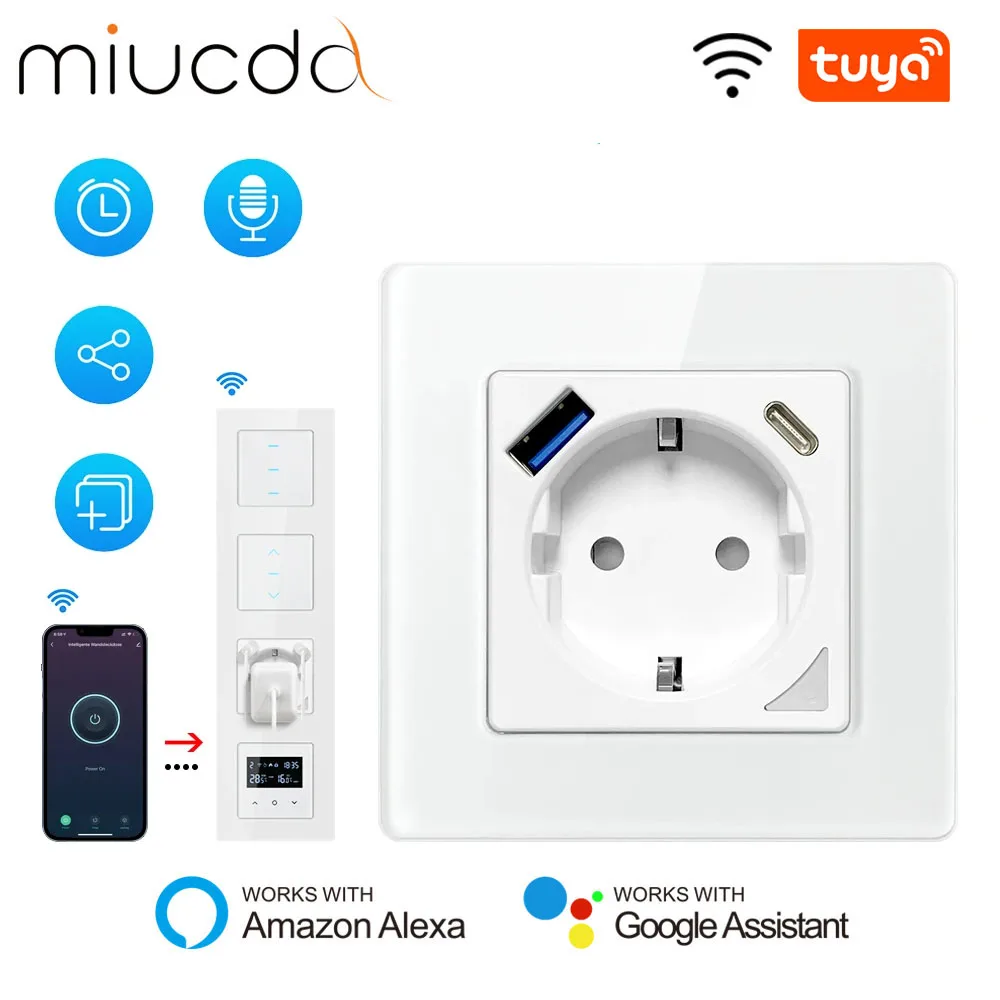 Miucda Tuya Wifi Smart Stopcontact Eu Standaard Stopcontact Met Usb/Type-C Laadpoort Wroks Met Alexa,Google Home,Alice