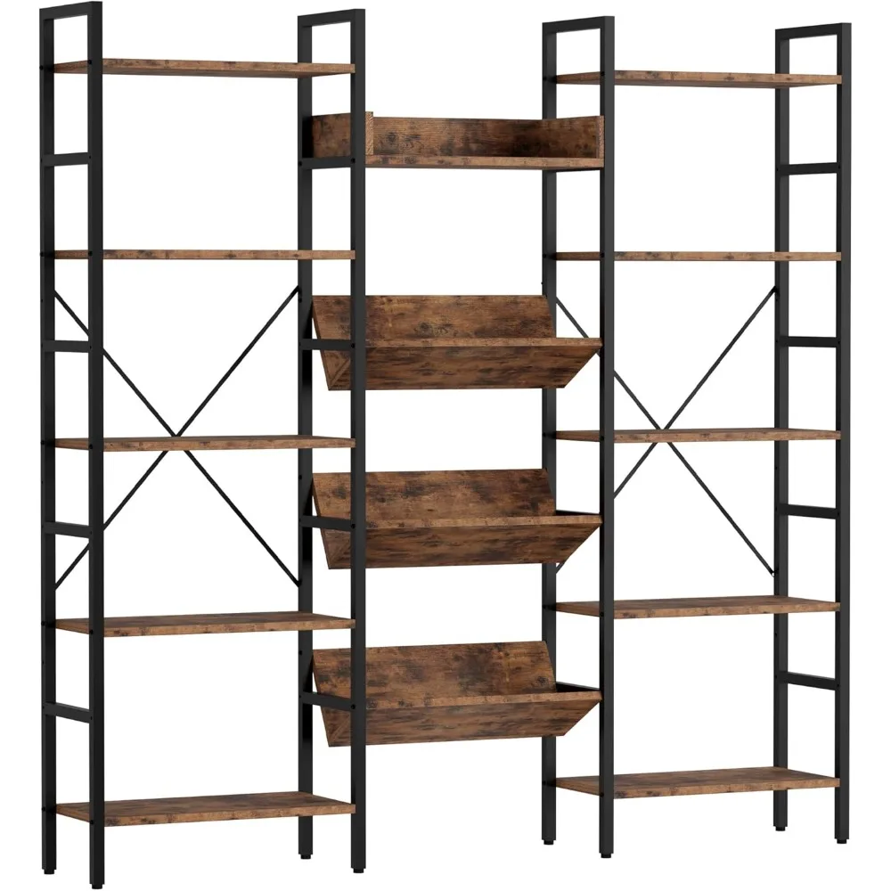 Bookcases and Bookshelves Triple Wide 5 Tiers Industrial Bookshelf, Large Etagere Bookshelf Open Record Player Shelves wi