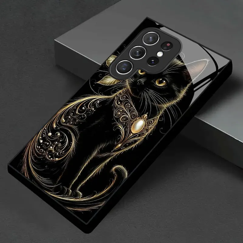 

Line cat new black phone case for Samsung glass phone case for Galaxy S26/S25/S24/S23 Ultra /S22 Ultra/S20 /56/A72/A73 5G