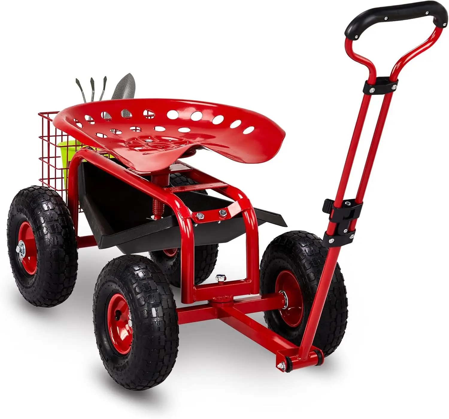 Garden Cart with Rolling Seat, Adjustable Steering Handle and Utility Tool Tray for Planting, Gardening, Patio, Backyard, Lawn and Outdoor Use