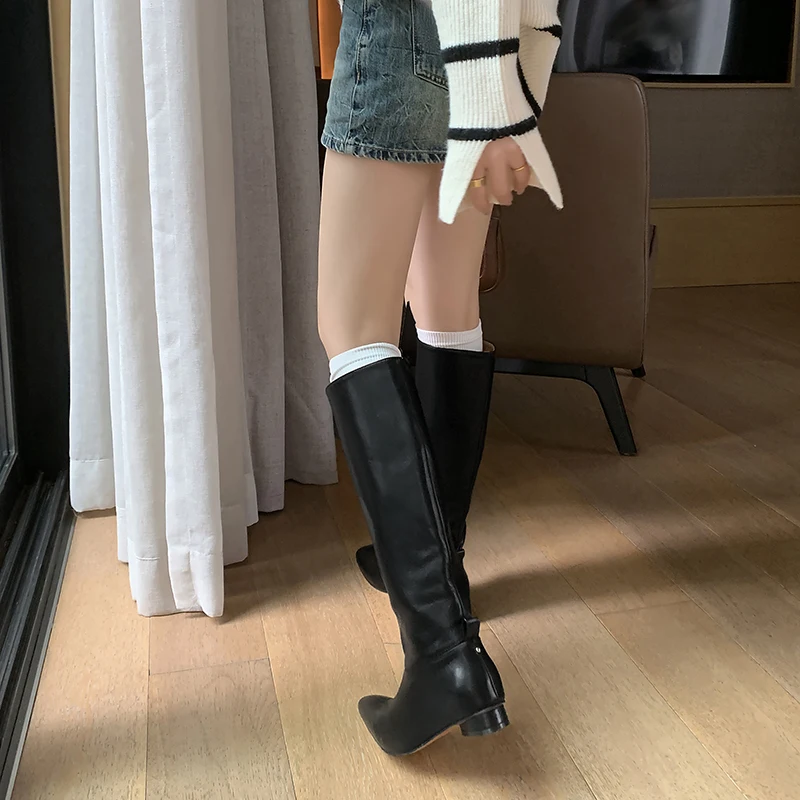 2024 Winter Women Boots Round Toe Knee-high Boots Western Modern Long Boots Women Shoes Ladies Shoes Retro Pleated Shoes