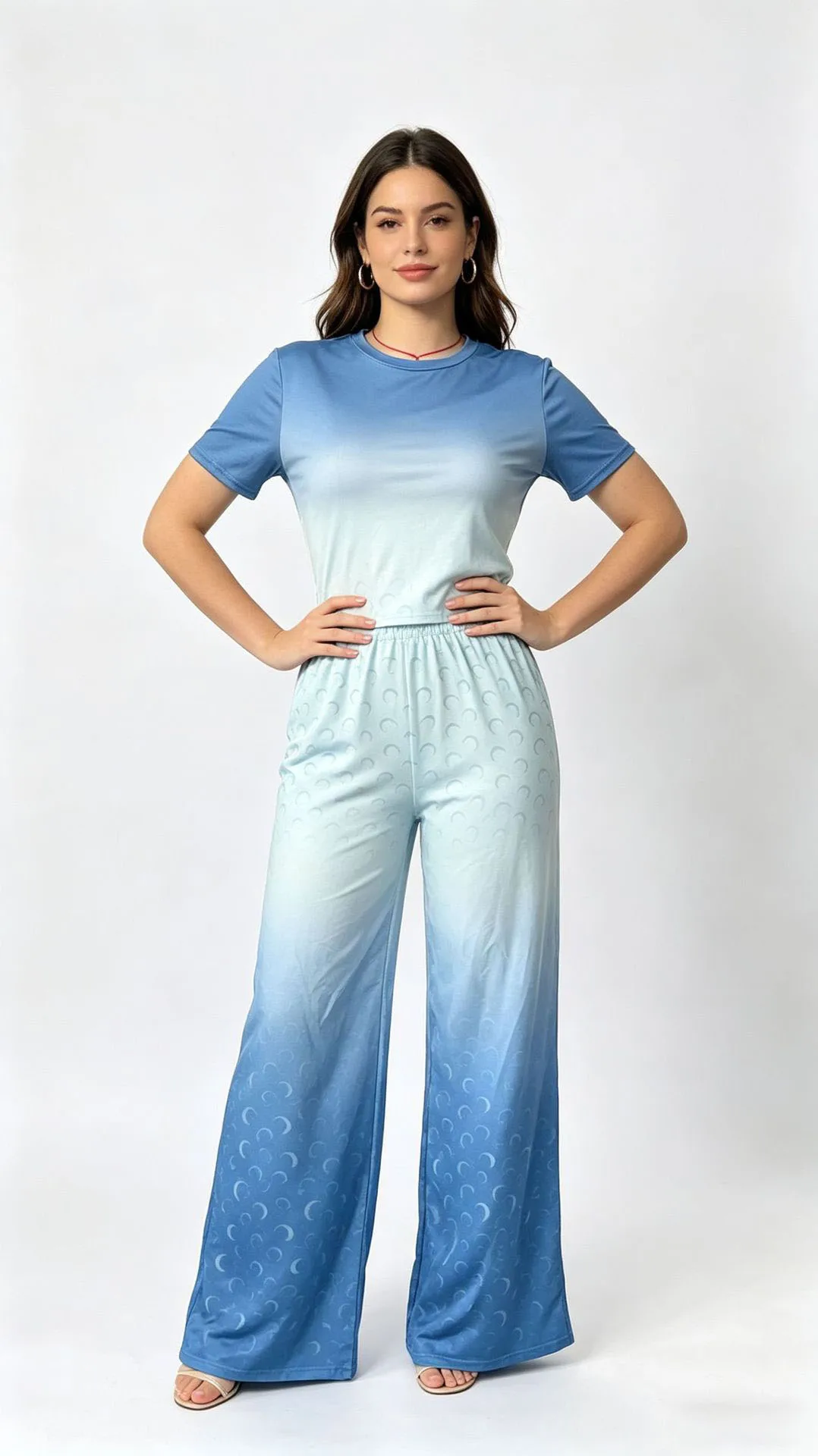 

STYLISH LADY Gradient Moon Print 2 Piece Set Women Short Sleeve Crop Top and Wide Leg Pants 2026 Summer Casual Outfits