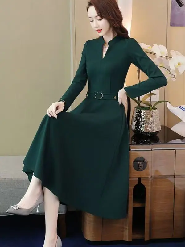 

Fashionable Korean Style Long Sleeve V-Neck A-Line Dress Slimming Midi Dress for Women Spring Autumn Season Polyester Fiber