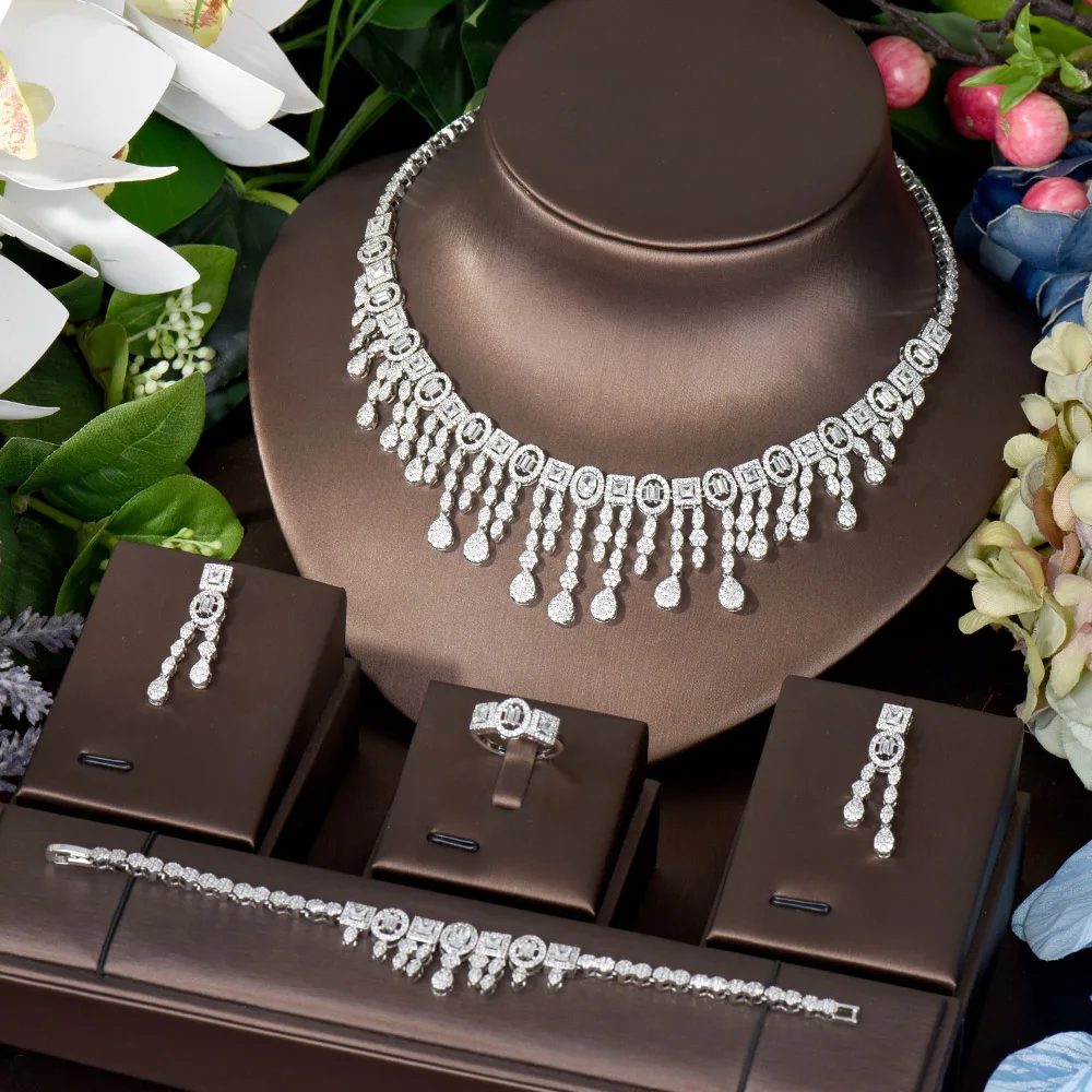 

HIBRIDE Long Tassel Full Micro Pave 4PCS Cubic Zirconia Necklace Earring Jewelry Set For Dubai Women Bridal Formal Occasion N-80