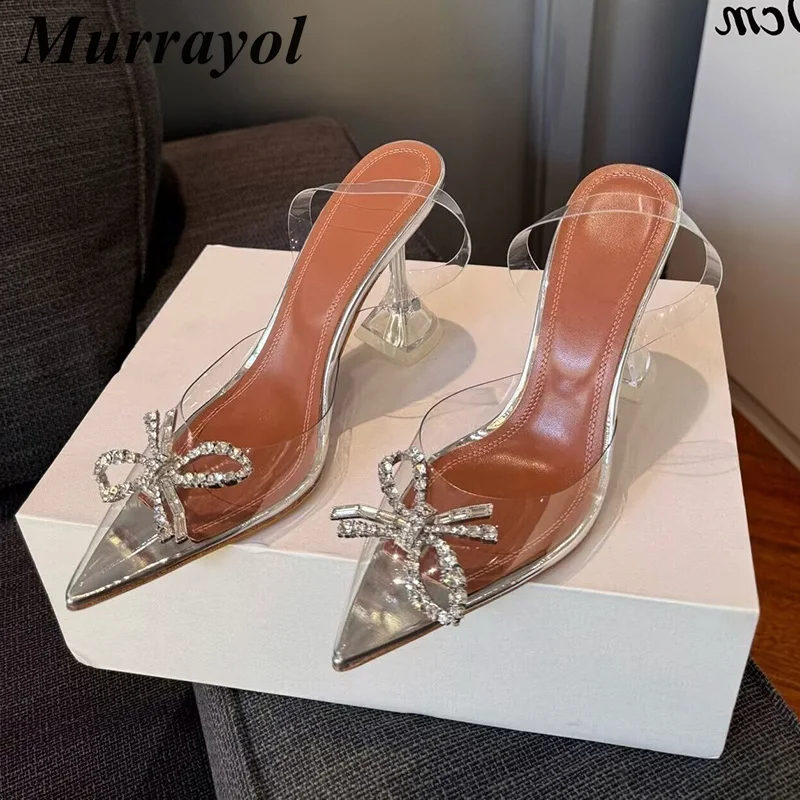 Pumps Pointed Toe Cup High Heels Sandals Women Bow Rhinestone Decor Transparent PVC Sandalias Spring Summer Party Dress Shoes