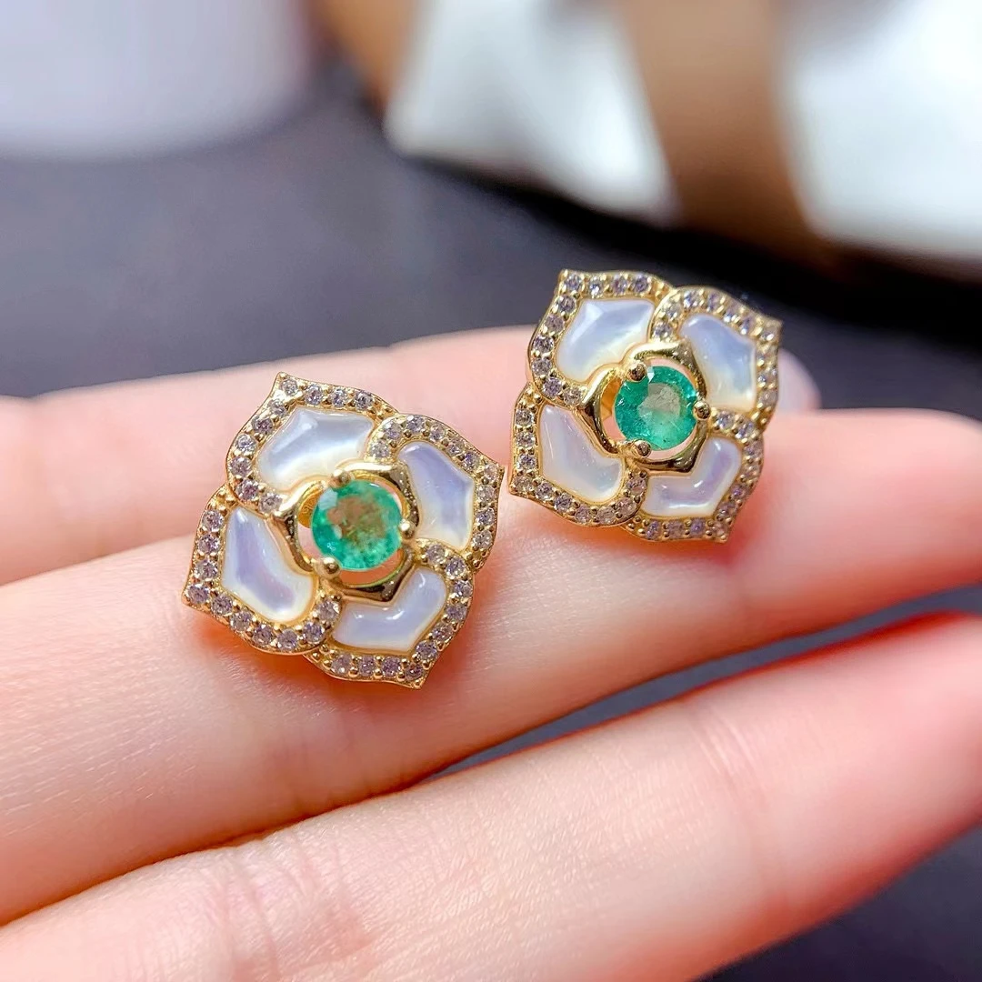 

MeiBaPJ 4mm Natural Colombian Emerald Gemstone Flower Shell Stud Earrings Real 925 Silver Earrings Fine Charm Jewelry for Women