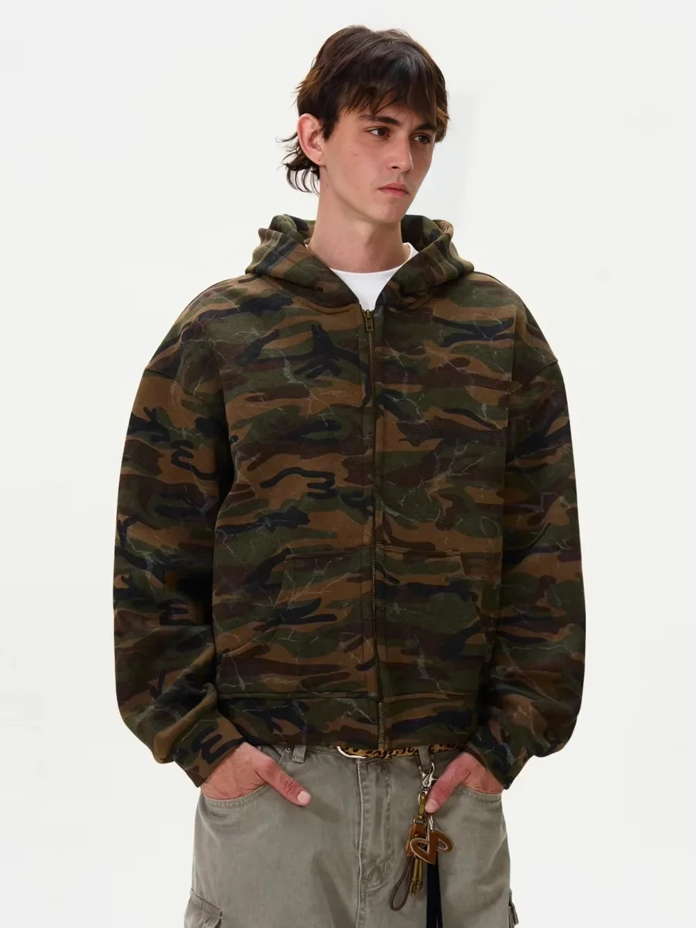 Tung Sung Vintage Corrugated Washed Camouflage Hooded Jacket Harajuku Streetwear Zip Up Hoodies