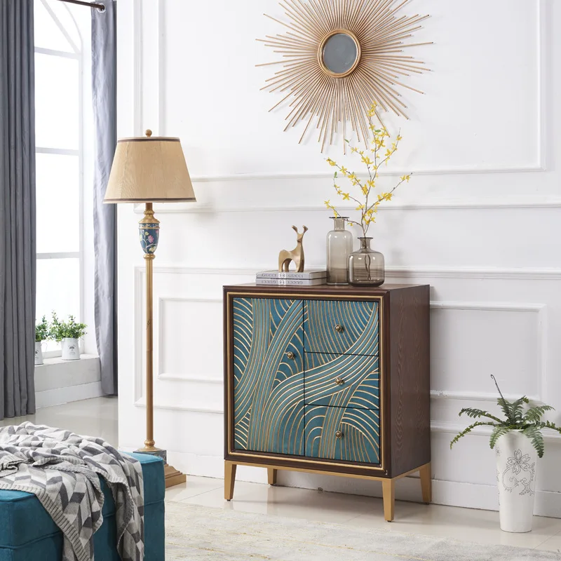 American country entrance cabinet three-bucket cabinet walnut solid wood drawer cabinet blue line decorative