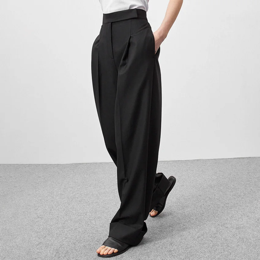 New Black Floor Length Trousers with Loose, High Waisted and Drooping Feel Women's Wide Leg Trousers Commuting Suit Trousers