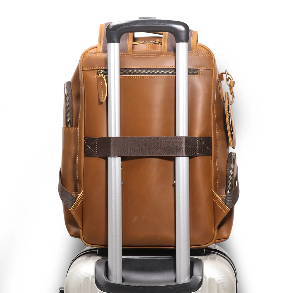 Vintage Crazy Horse Leather Backpack for Men, Large Capacity Laptop Travel Bag, Multifunction Design with Luggage Strap
