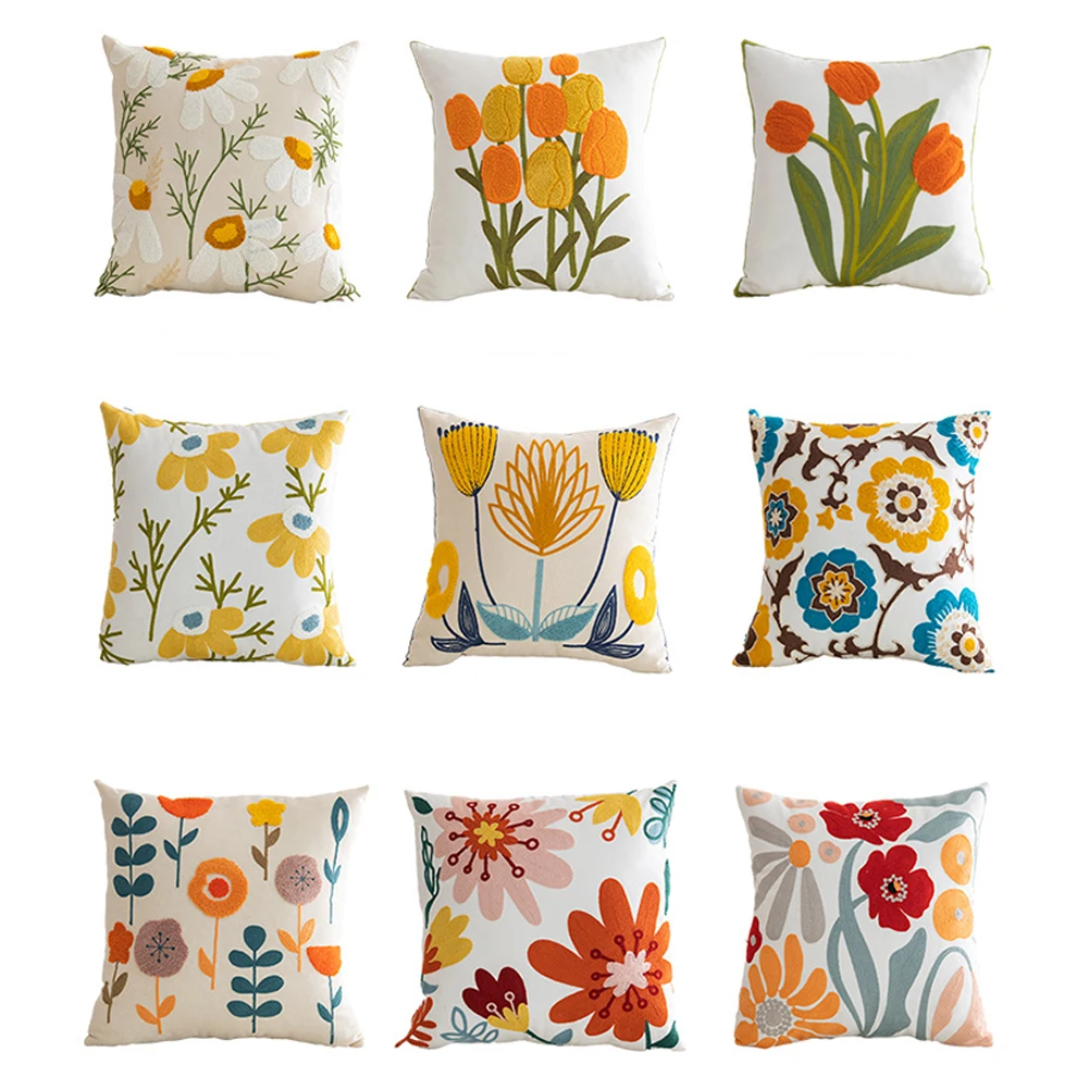 

Floral Embroidery Pillow Cases With Invisible Zipper Square Throw Pillow Cover for Sofa Couch Decorations Dropship