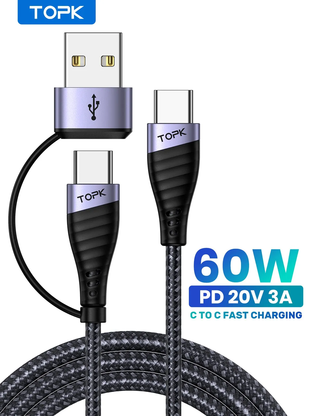 TOPK 60W 2 IN 1 USB Type C Cable PD Fast Charging Data Cord for Xiaomi Samsung Realme POCO Huawei Oneplus USB C Charger Wire