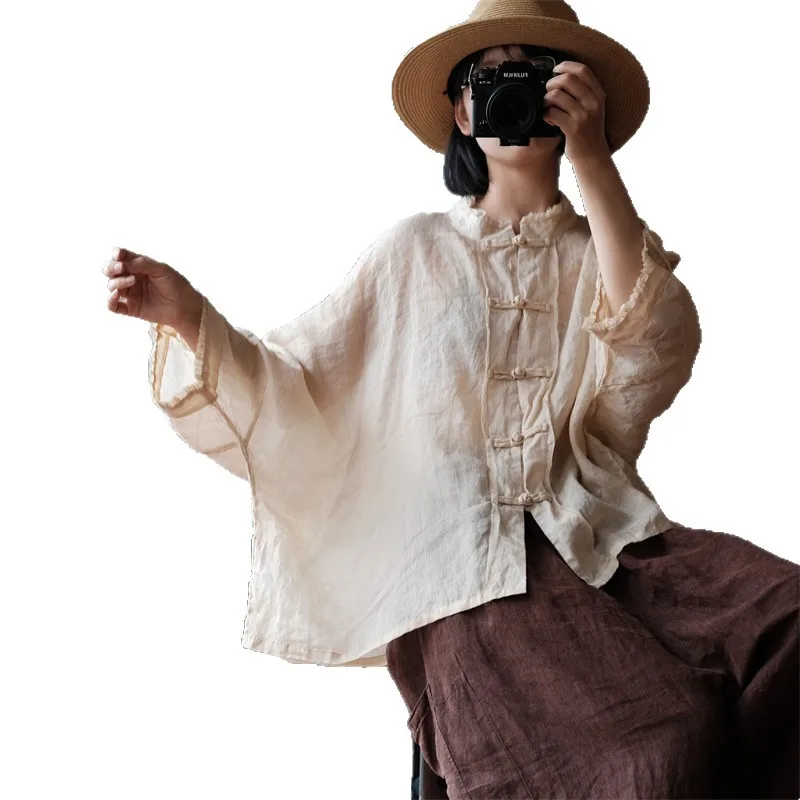 

Женские рубашки и блузки в китайском стиле из рами с длинным рукавом, весенние, 2026, новые, однотонные, свободные, винтажные, женские топы