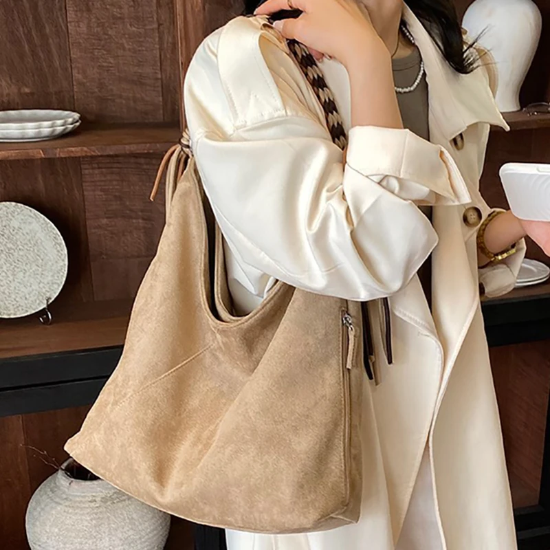 2026 Women Retro Hobo Shoulder Bag Tassel Decor Braided Strap Suede PU Leather Large Capacity Casual Daily Crossbody Purse