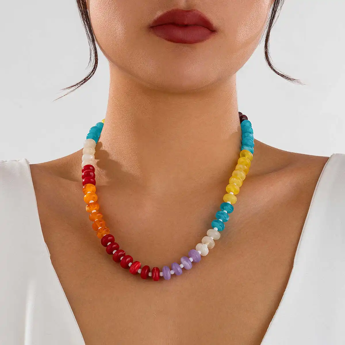 Dopamine Chic Women's Summer Premium Colorful Choker Trendy Clash Colored Crystal Beaded Rainbow Necklace