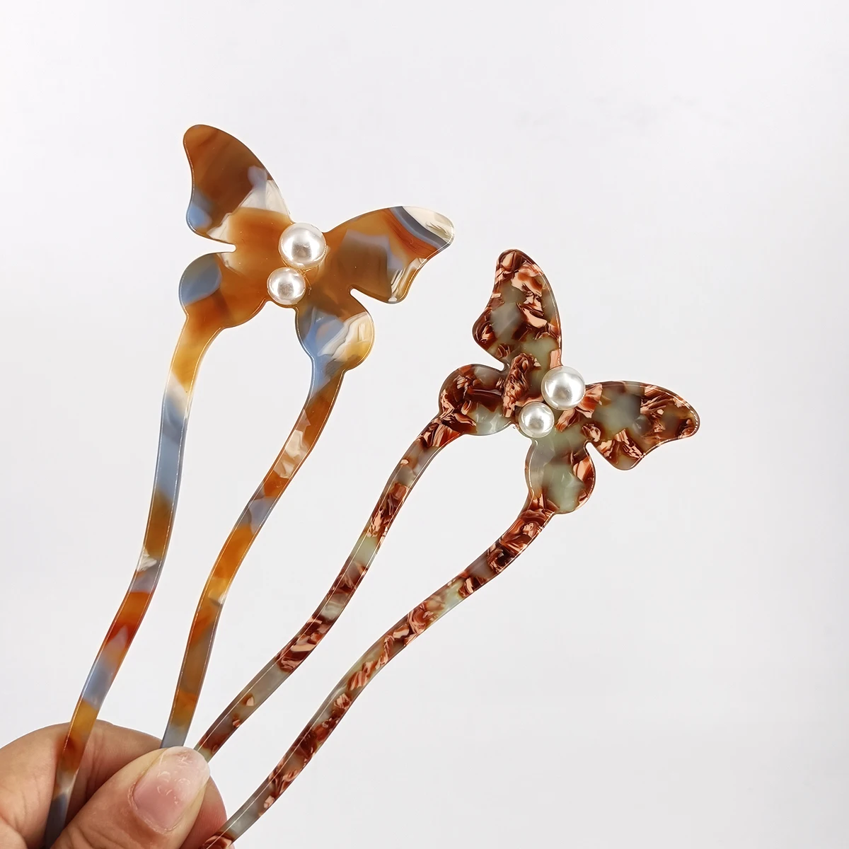 New Style Butterfly Pearl Acetate Hairpin Hair Sticks for Women Girls Vintage Sweet U-shaped Hair Clasp Updo Headdress