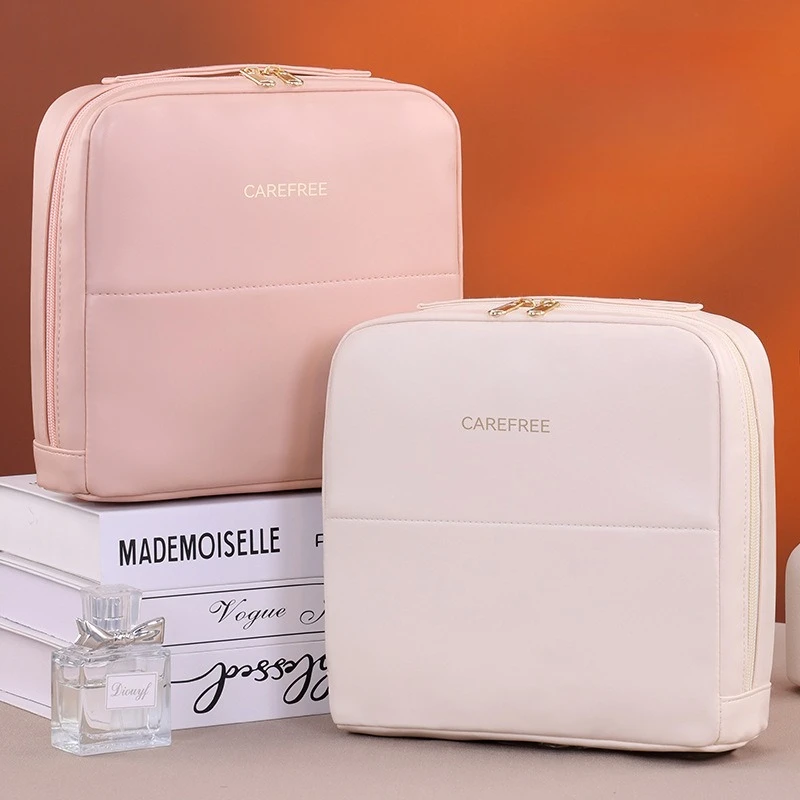 New Cream Color Makeup Bag with Mesh Pockets – Large Capacity Portable Waterproof Cosmetic Organizer for Travel & Daily Use