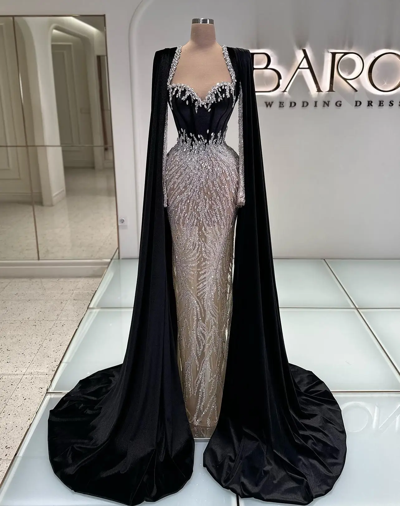 فساتين سهرة عصرية ترتر كريستال فستان حفلة موسيقية مع كيب بأكمام طويلة مخصص حورية البحر رداء حفلات Vestidos De Noche #2