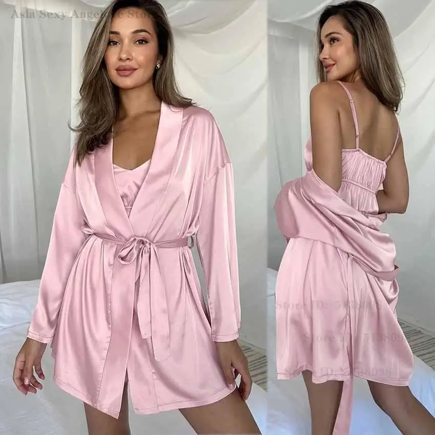 Summer New Sexy Women Robe Set Pink Satin 3 Pcs Bath Gown Spaghetti Strap Shorts Nightgown Loose Comfortable Thin Home Wear