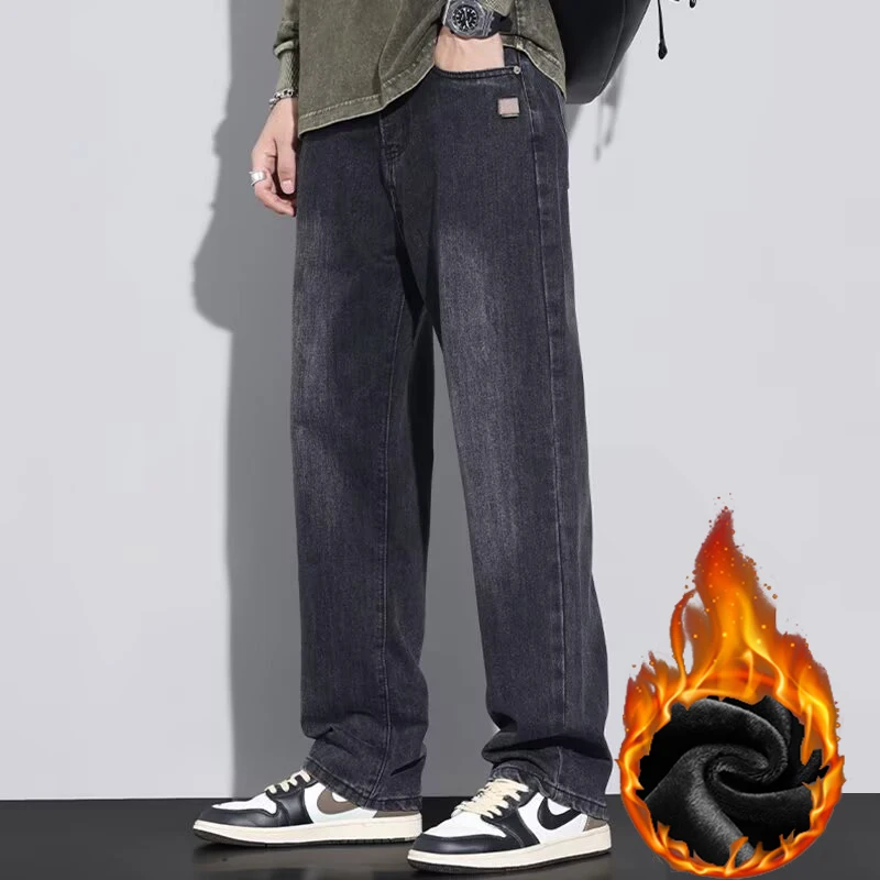 2026 High Street Vintage Thickened Warm Jeans Men Fashion American Style Straight Leg Denim Pants Male Casual Fleece Trousers