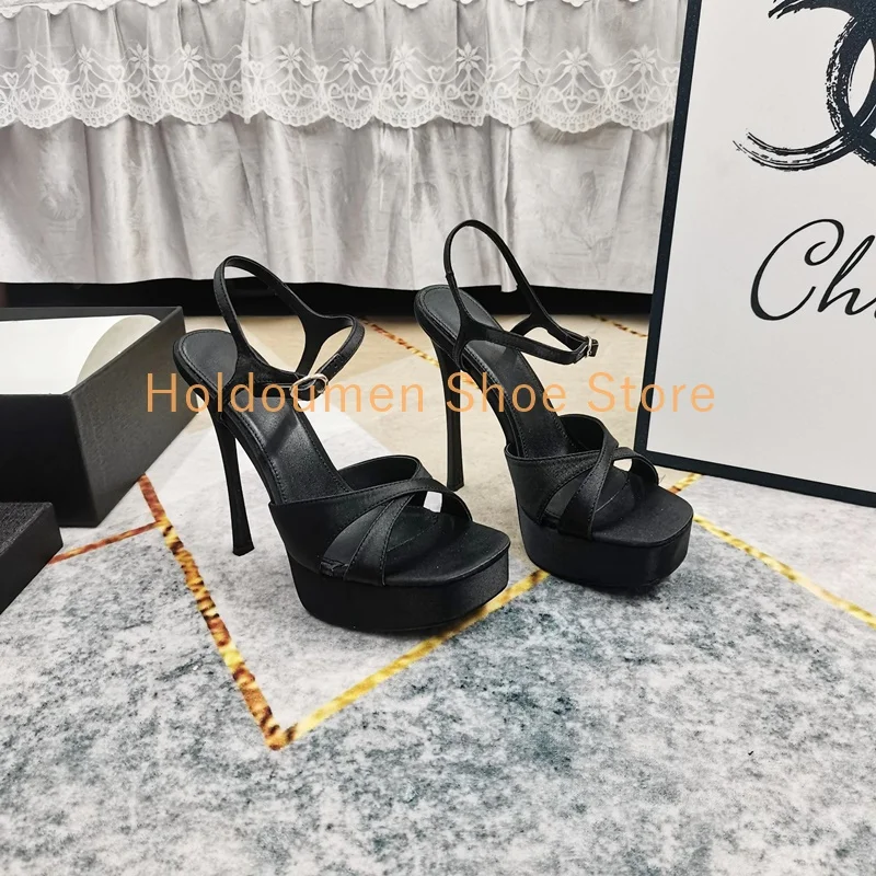 Luxurious Silk Square Toe Cross Straps Women's Platform Sandal Adjustable Ankle Strap Buckle Stiletto Sandal Elegant Dress Shoes