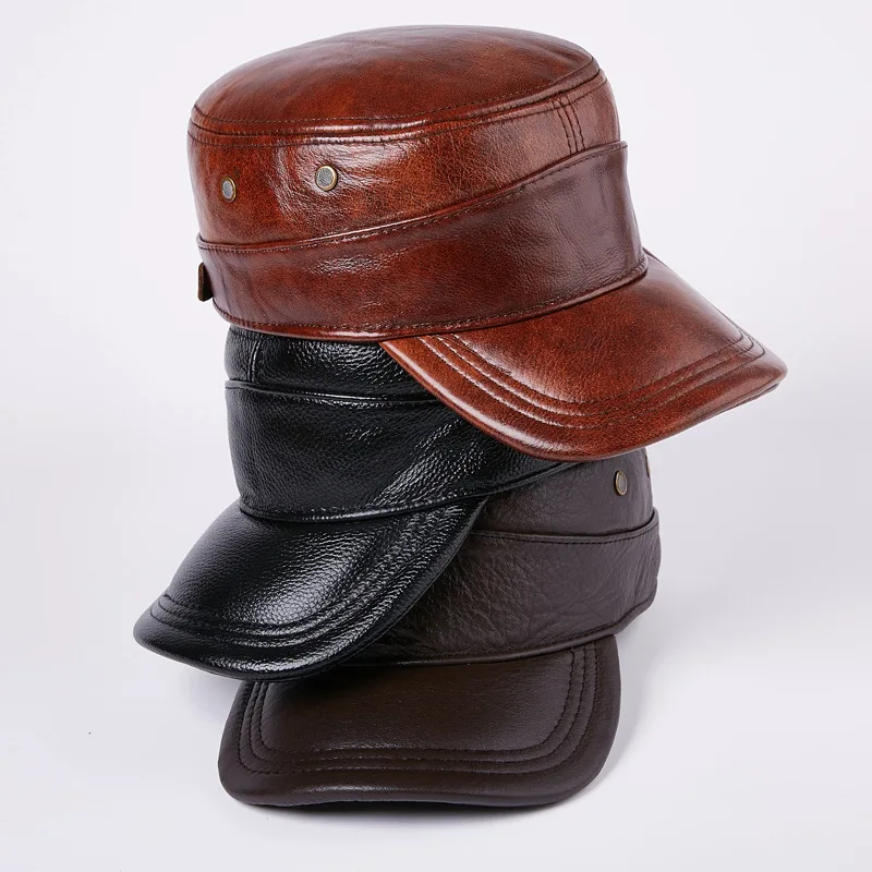 New leather hat first layer cowhide flat top hat medium old age cap autumn and winter warm ear protection men's hat