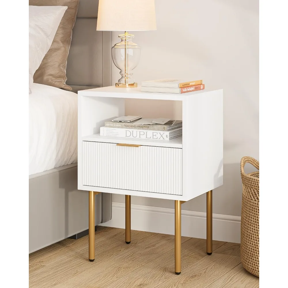 

Modern White and Gold Nightstand with Storage Drawer, Open Shelf for Bedroom or Living Room