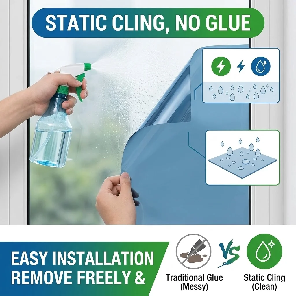 Dark Blue Silver Static Cling Window Film 90cm X 1/2/3/5m Daytime Privacy Tint No- Glue One-Way Heat UV Block Removable Reusable