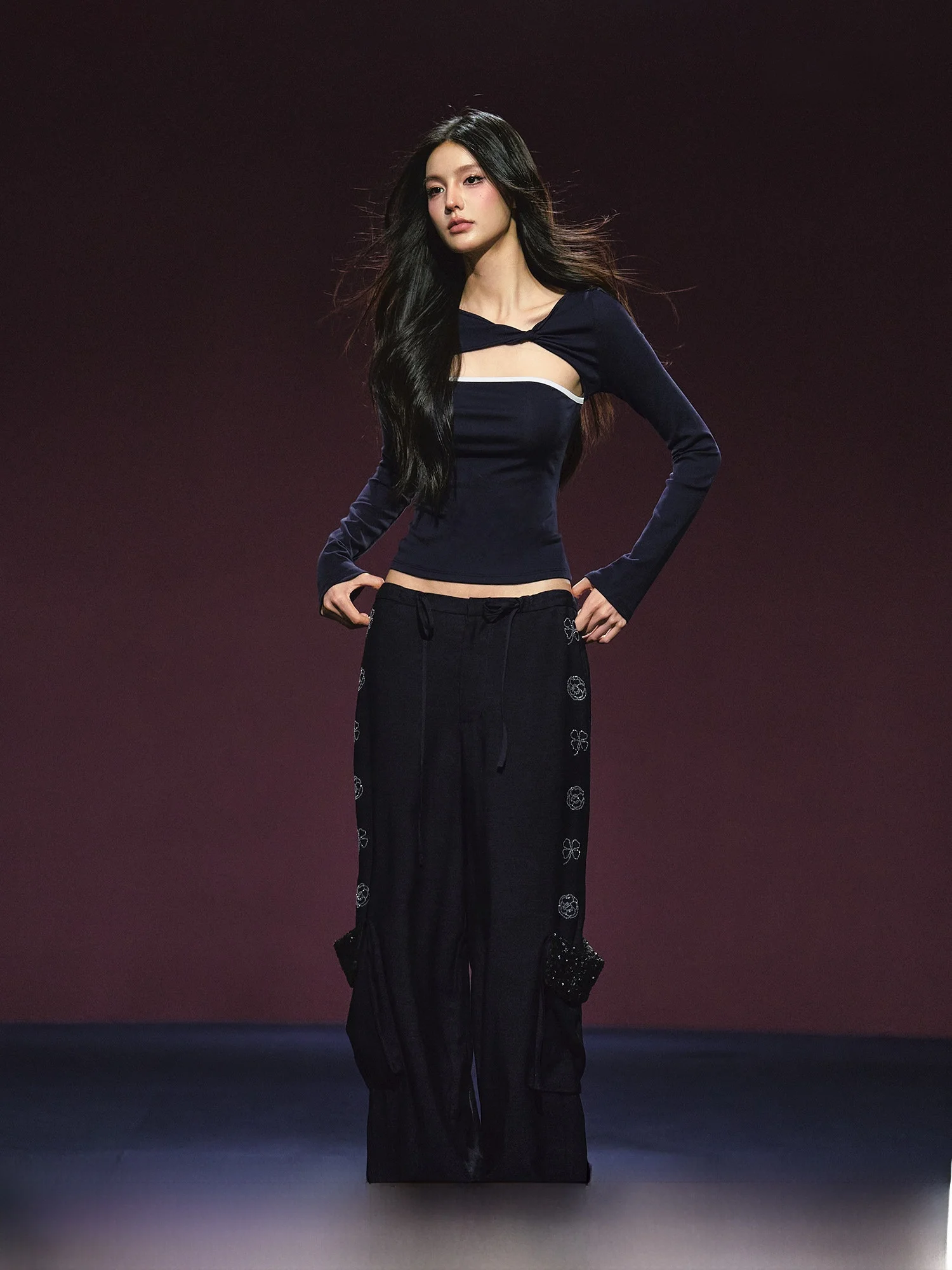 

AGAM Ruche Detail Color Blo Loose Fit Casual Top Women's Korean Sle Long Sve round Ne T-irt Fake Two-Piece Waist-C...