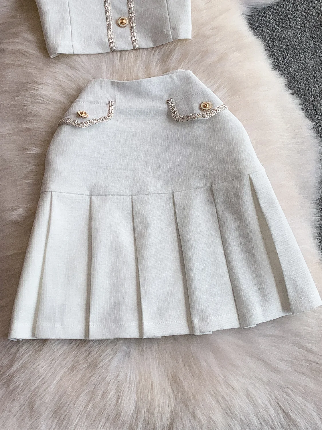 High-End ort Knitted Bicolor Blouse And Skirt Set with Metal Bule Square Collar Design Ele Faion Student orm