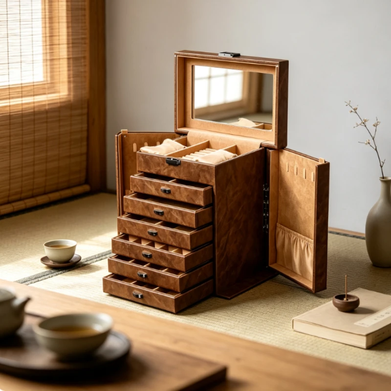 Jewelry Box with Mirror, Leather Large Multilayer Storage Display Case for Bracelets Rings Necklace, Wedding Gift for Women
