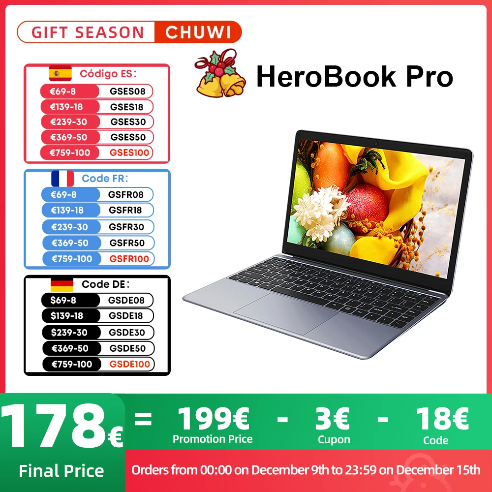 CHUWI 14.1 Inch HeroBook Pro FHD Screen Intel Celeron N4020 Dual Core UHD Graphics 600 GPU 8GB RAM 256GB SSD Windows 11 Laptop