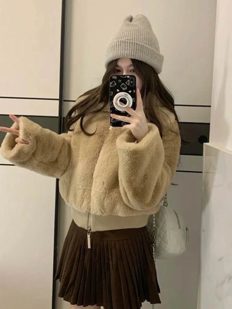 Coreano de pelúcia jaquetas quentes turn-down colarinho feminino casual zíperes chaquetas moda baggy curto engrossado pele jaquetas casaco